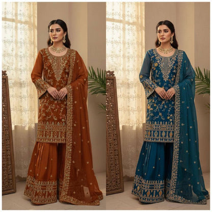 Premium Jimmy Choo Silk Top, Sarara & Dupatta Set – Sequins Embroidery Work
