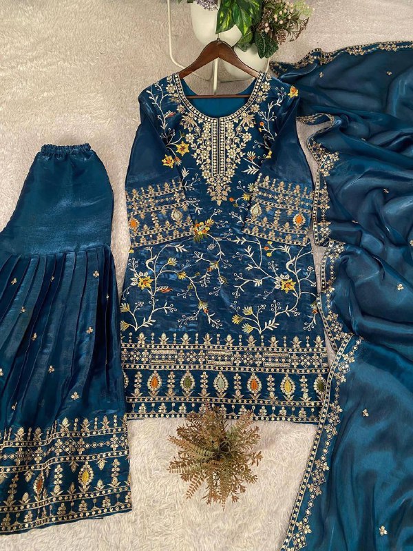 Premium Jimmy Choo Silk Top, Sarara & Dupatta Set – Sequins Embroidery Work