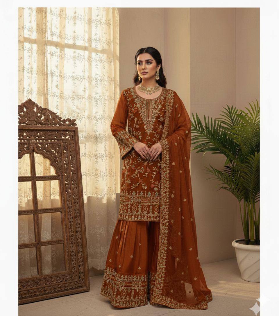 Premium Jimmy Choo Silk Top, Sarara & Dupatta Set – Sequins Embroidery Work