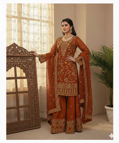 Premium Jimmy Choo Silk Top, Sarara & Dupatta Set – Sequins Embroidery Work
