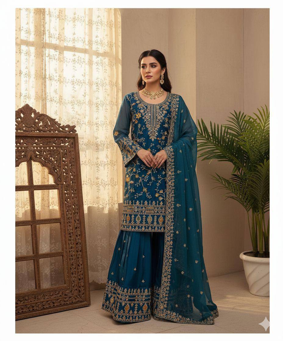 Premium Jimmy Choo Silk Top, Sarara & Dupatta Set – Sequins Embroidery Work