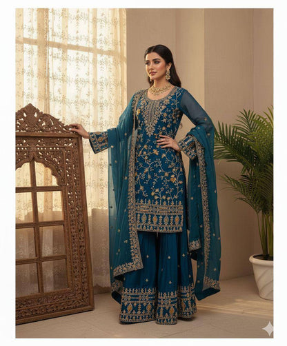 Premium Jimmy Choo Silk Top, Sarara & Dupatta Set – Sequins Embroidery Work