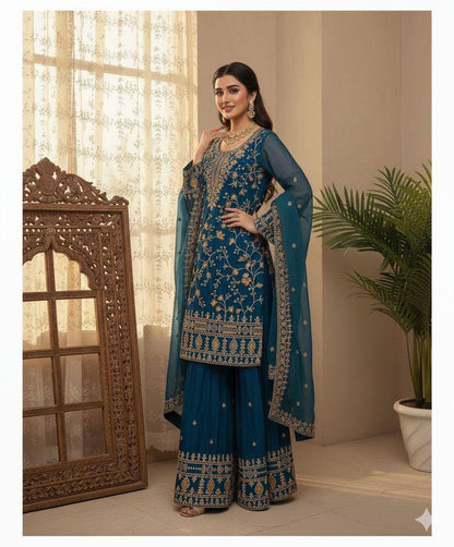 Premium Jimmy Choo Silk Top, Sarara & Dupatta Set – Sequins Embroidery Work