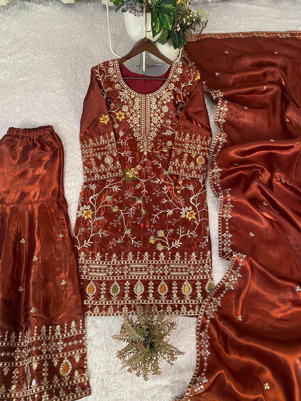 Premium Jimmy Choo Silk Top, Sarara & Dupatta Set – Sequins Embroidery Work