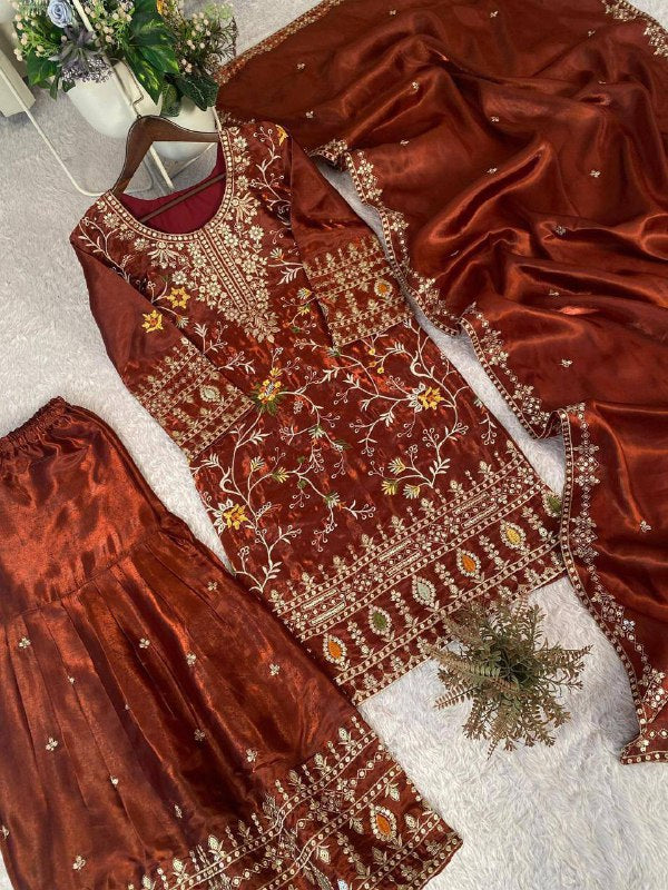 Premium Jimmy Choo Silk Top, Sarara & Dupatta Set – Sequins Embroidery Work