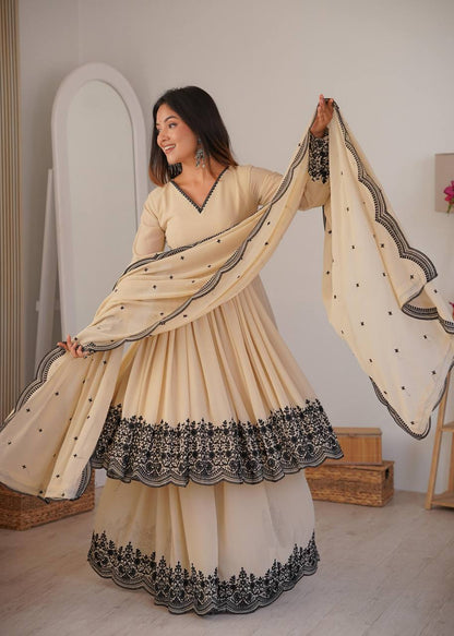 Premium Faux Georgette Suit, Plazzo & Dupatta Set – Thread Embroidery Work