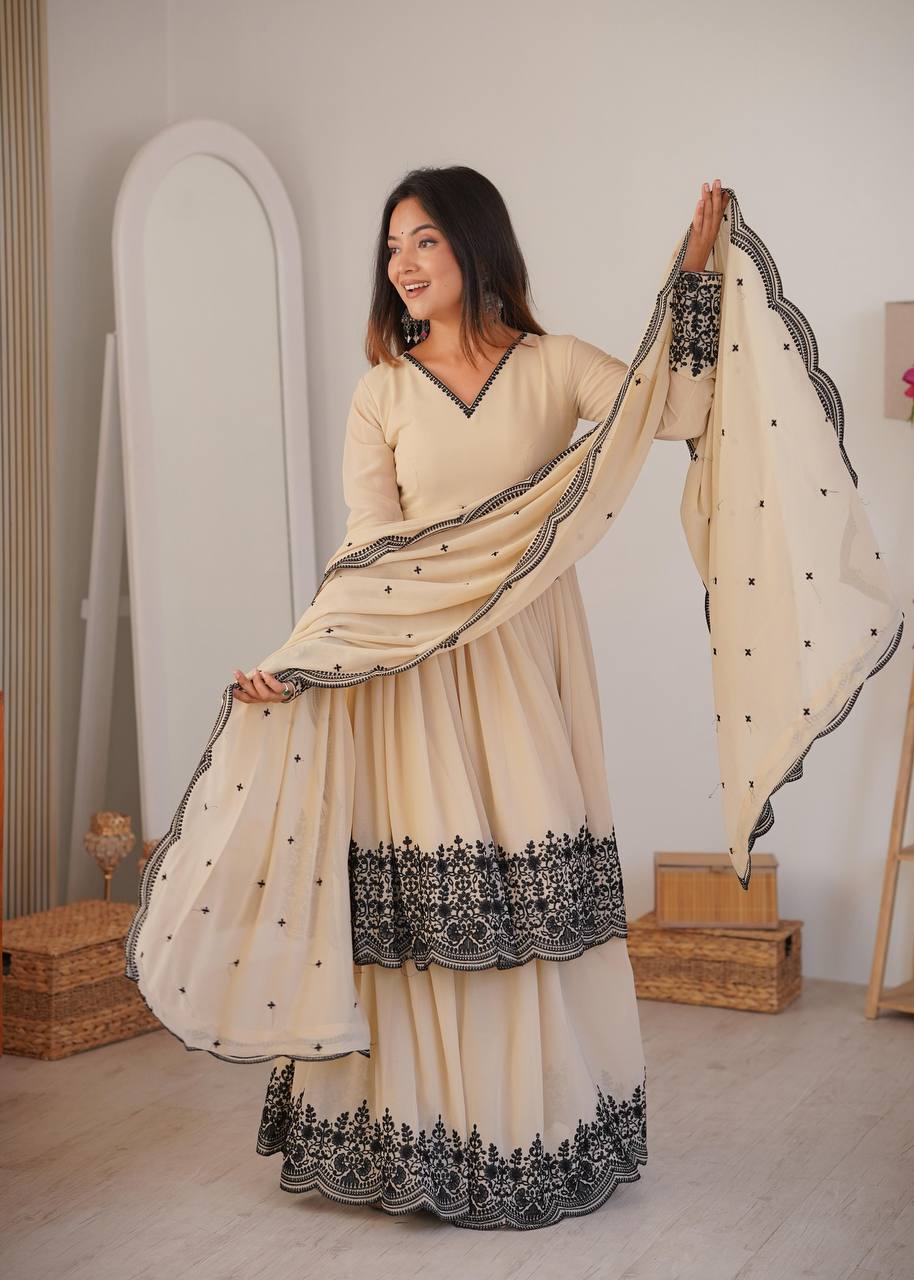 Premium Faux Georgette Suit, Plazzo & Dupatta Set – Thread Embroidery Work