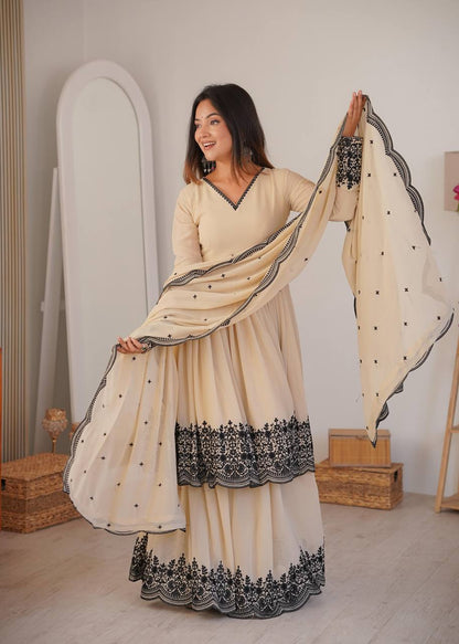 Premium Faux Georgette Suit, Plazzo & Dupatta Set – Thread Embroidery Work