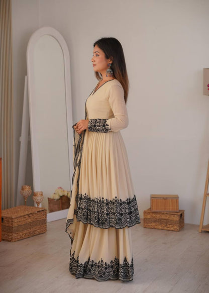 Premium Faux Georgette Suit, Plazzo & Dupatta Set – Thread Embroidery Work