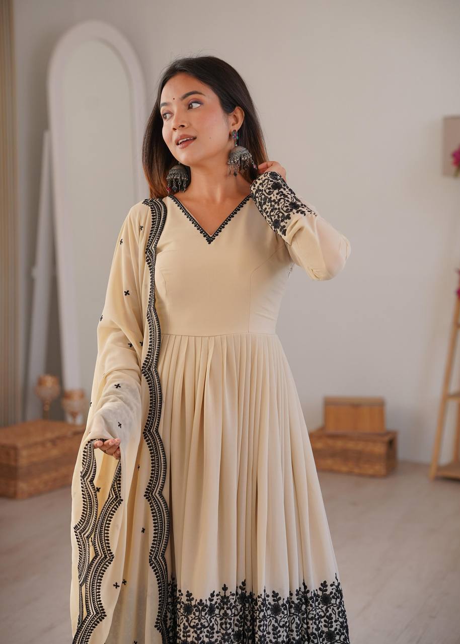 Premium Faux Georgette Suit, Plazzo & Dupatta Set – Thread Embroidery Work
