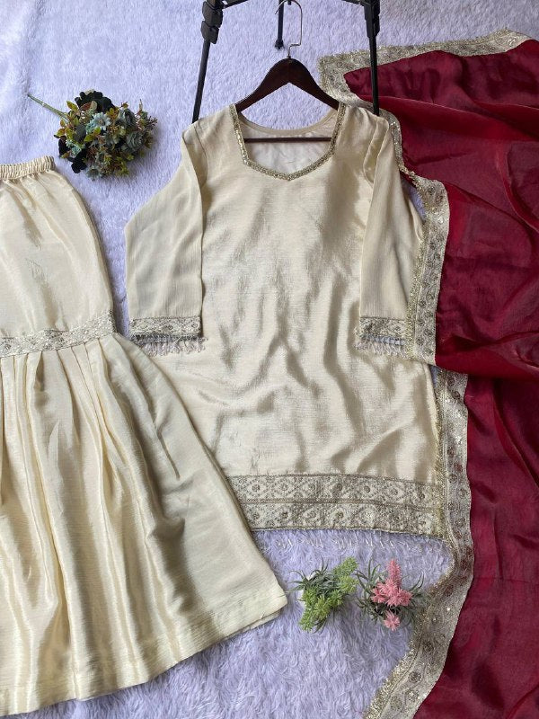 Premium Chinon Silk Top, Sarara & Dupatta Set – Sequins Embroidery Work