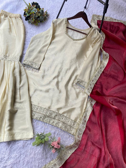 Premium Chinon Silk Top, Sarara & Dupatta Set – Sequins Embroidery Work