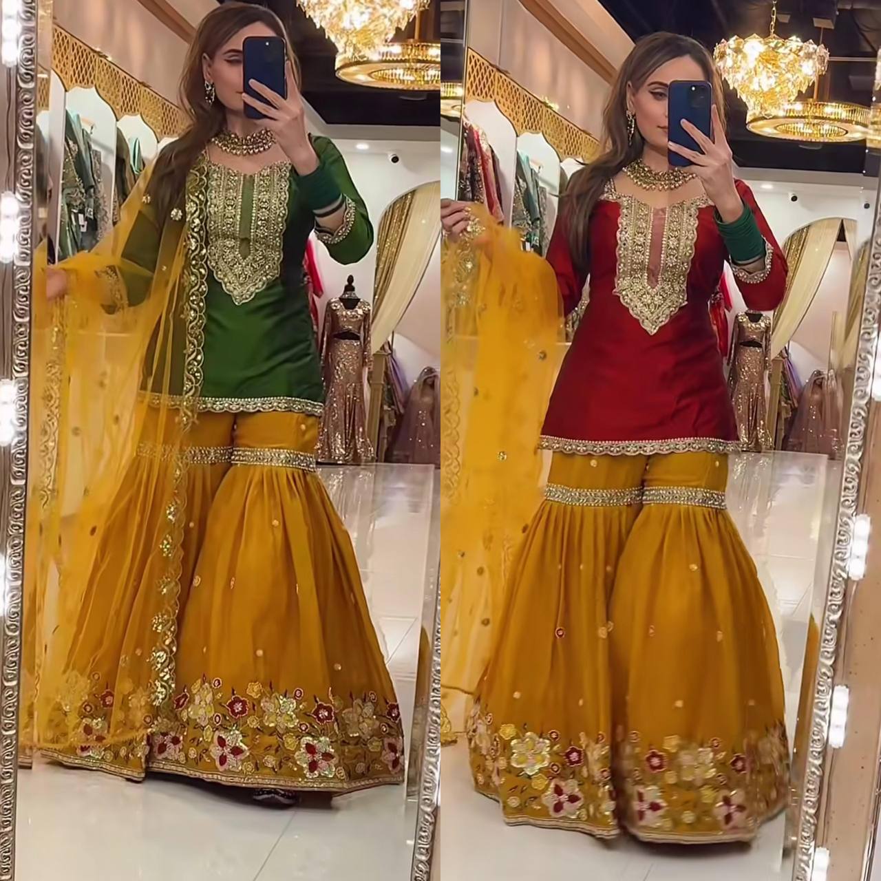 Premium Heavy Faux Georgette Silk Top, Sharara Plazzo & Butterfly Net Dupatta Set