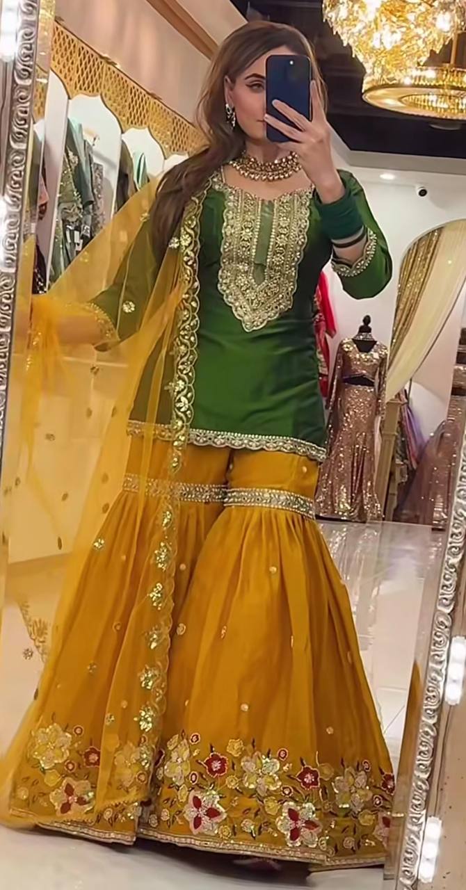 Premium Heavy Faux Georgette Silk Top, Sharara Plazzo & Butterfly Net Dupatta Set