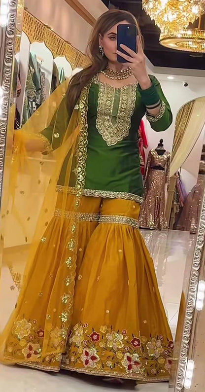 Premium Heavy Faux Georgette Silk Top, Sharara Plazzo & Butterfly Net Dupatta Set