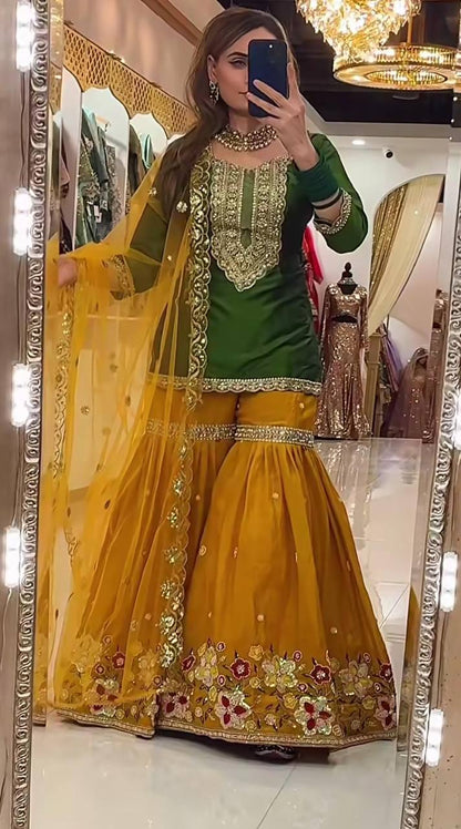 Premium Heavy Faux Georgette Silk Top, Sharara Plazzo & Butterfly Net Dupatta Set