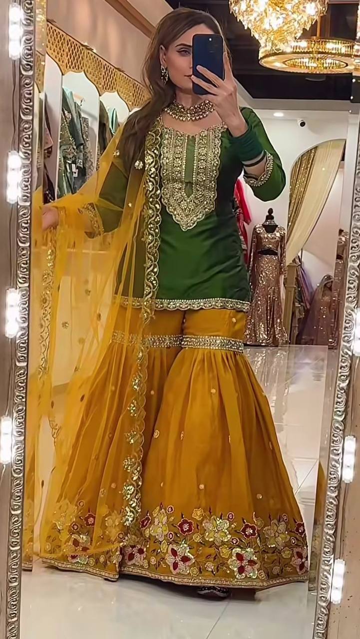 Premium Heavy Faux Georgette Silk Top, Sharara Plazzo & Butterfly Net Dupatta Set