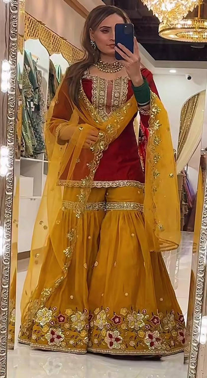Premium Heavy Faux Georgette Silk Top, Sharara Plazzo & Butterfly Net Dupatta Set
