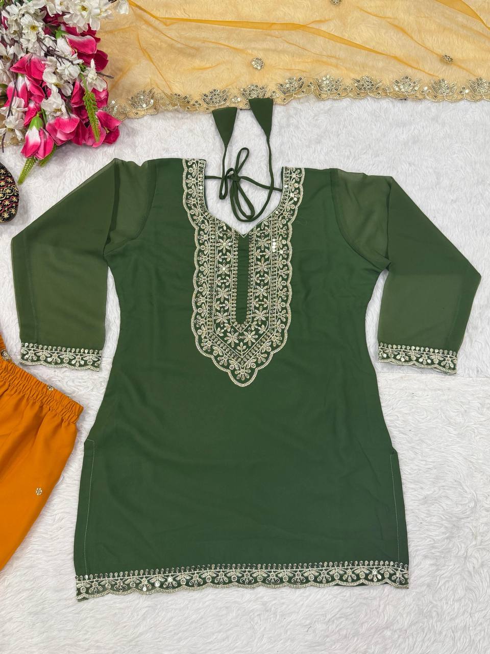 Premium Heavy Faux Georgette Silk Top, Sharara Plazzo & Butterfly Net Dupatta Set