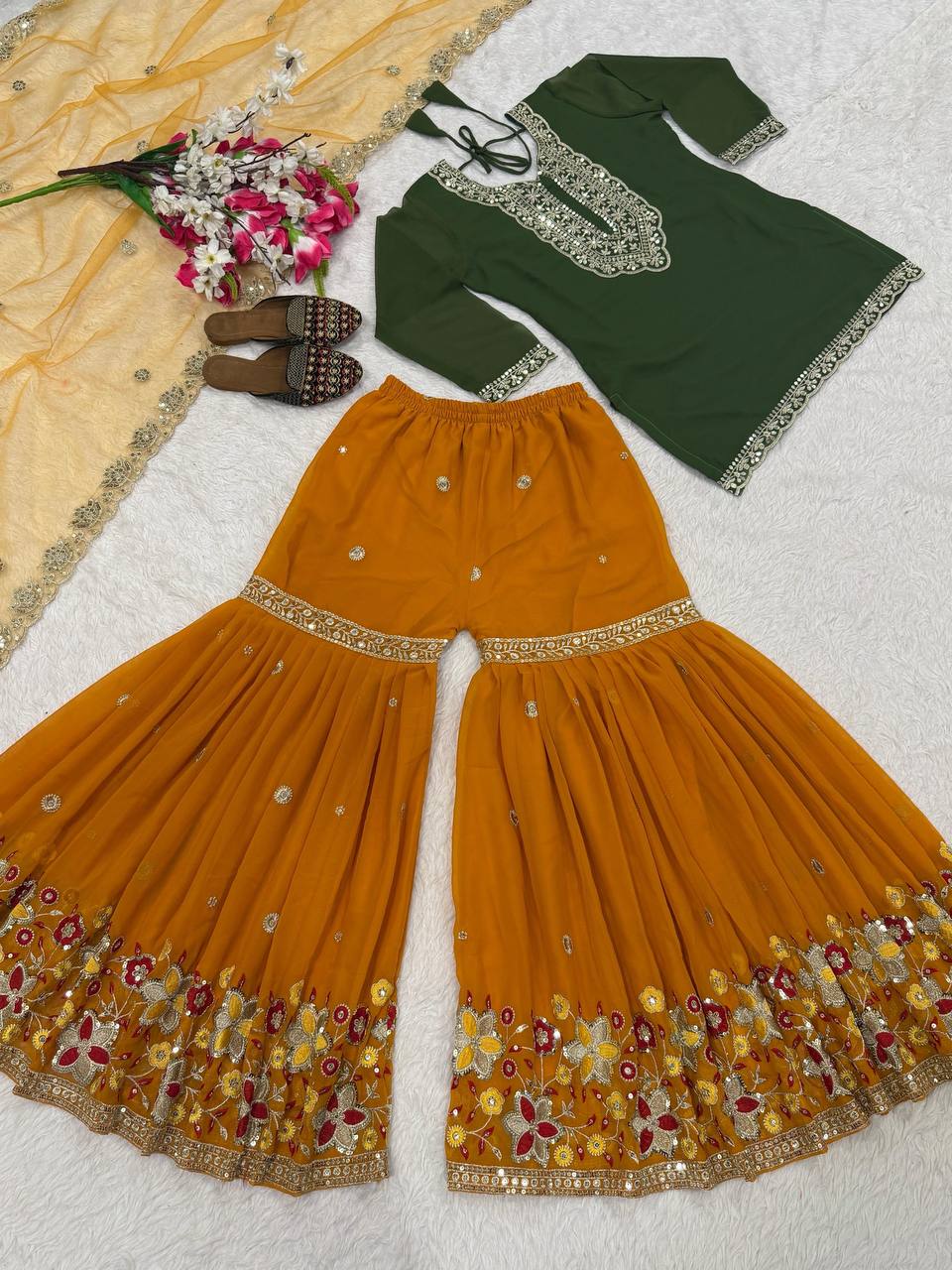 Premium Heavy Faux Georgette Silk Top, Sharara Plazzo & Butterfly Net Dupatta Set
