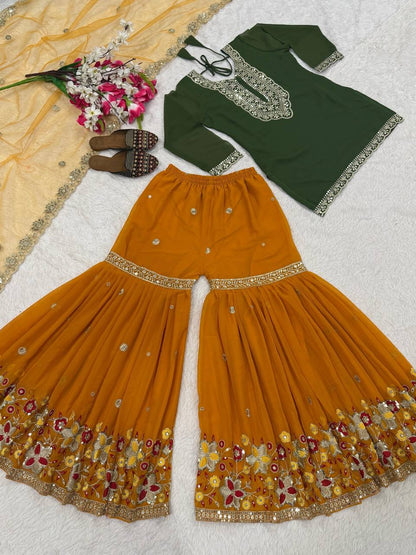 Premium Heavy Faux Georgette Silk Top, Sharara Plazzo & Butterfly Net Dupatta Set