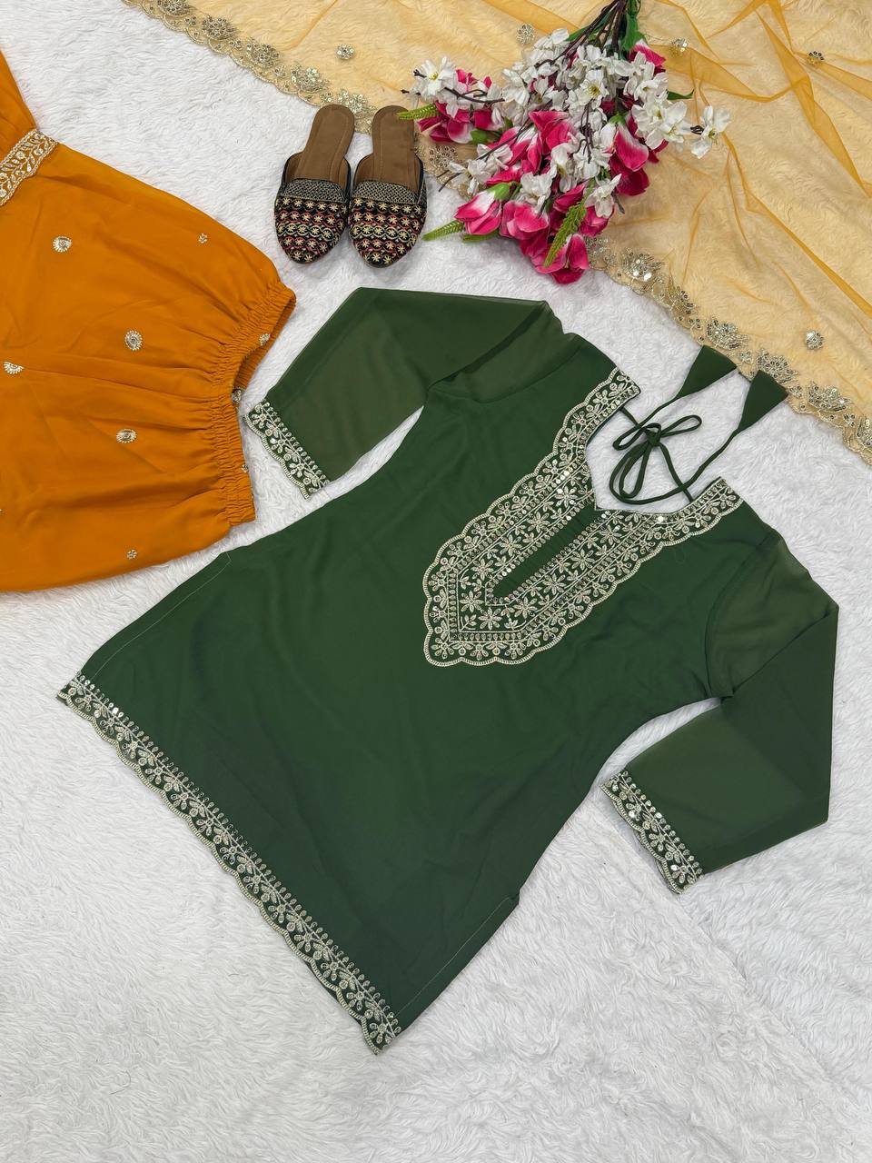Premium Heavy Faux Georgette Silk Top, Sharara Plazzo & Butterfly Net Dupatta Set