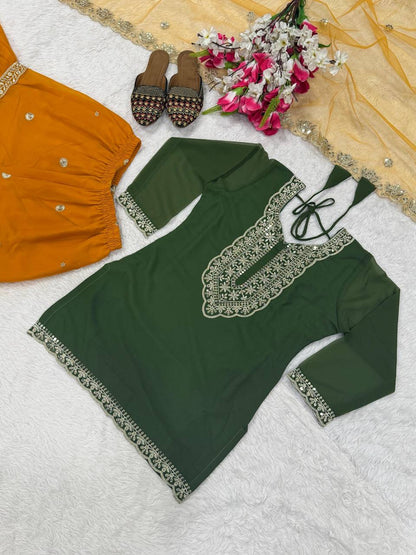 Premium Heavy Faux Georgette Silk Top, Sharara Plazzo & Butterfly Net Dupatta Set