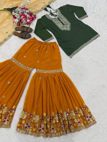 Premium Heavy Faux Georgette Silk Top, Sharara Plazzo & Butterfly Net Dupatta Set