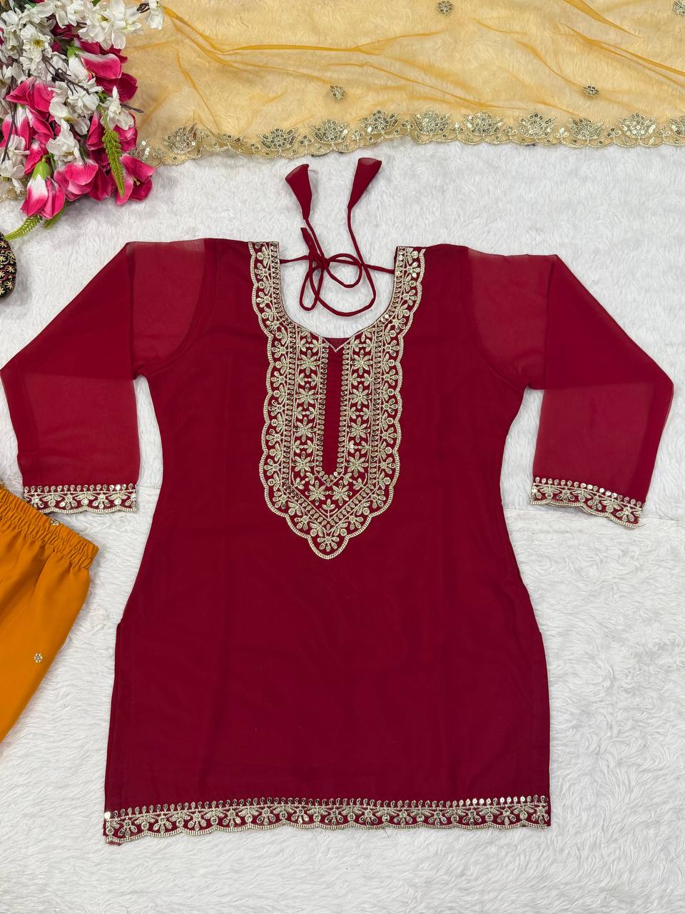 Premium Heavy Faux Georgette Silk Top, Sharara Plazzo & Butterfly Net Dupatta Set