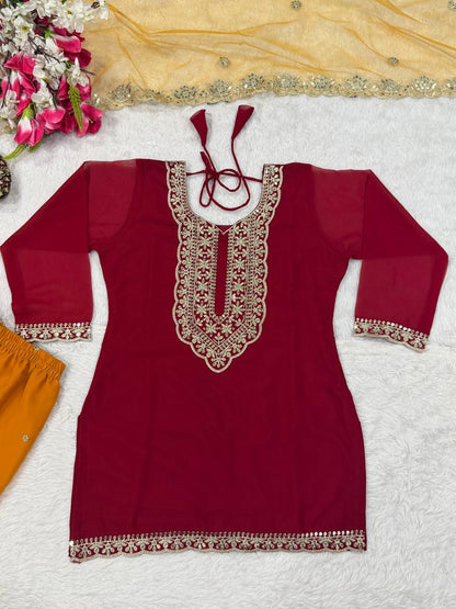 Premium Heavy Faux Georgette Silk Top, Sharara Plazzo & Butterfly Net Dupatta Set