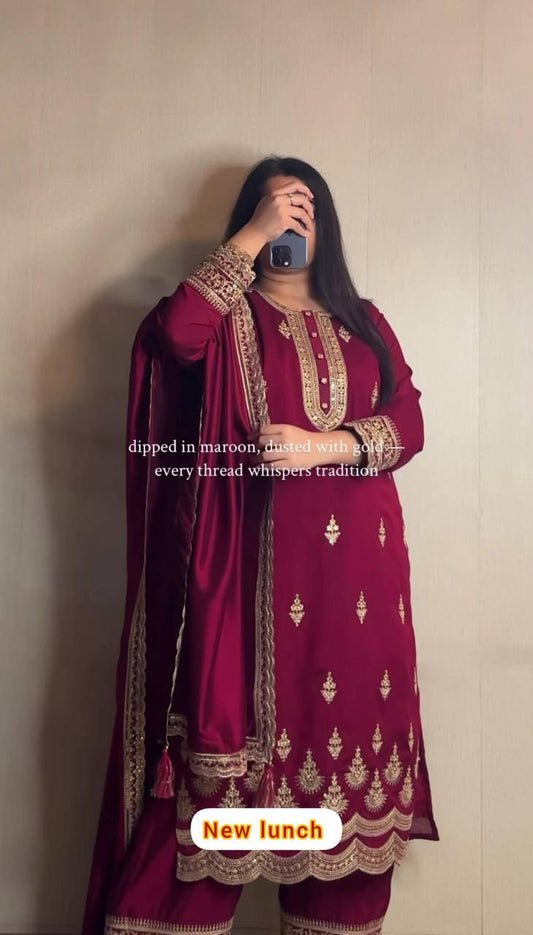Premium Natural Crepe Silk Top, Pant & Dupatta Set – Heavy Coding Sequins Embroidery