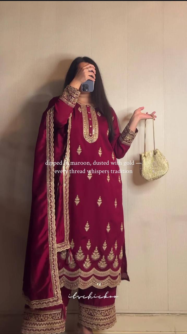 Premium Natural Crepe Silk Top, Pant & Dupatta Set – Heavy Coding Sequins Embroidery