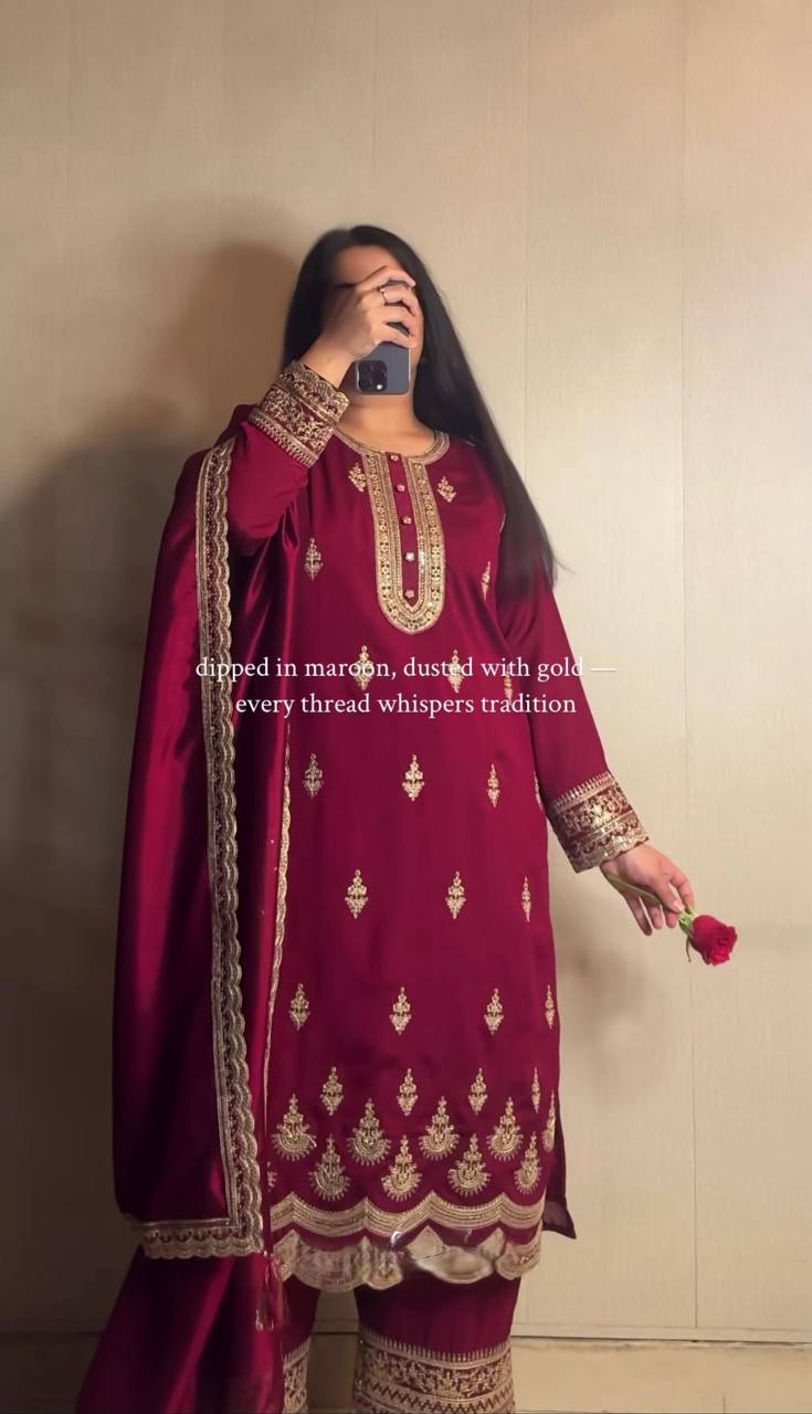 Premium Natural Crepe Silk Top, Pant & Dupatta Set – Heavy Coding Sequins Embroidery