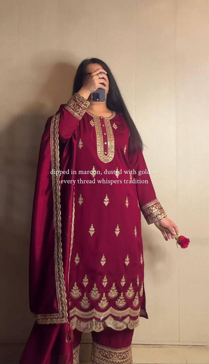 Premium Natural Crepe Silk Top, Pant & Dupatta Set – Heavy Coding Sequins Embroidery