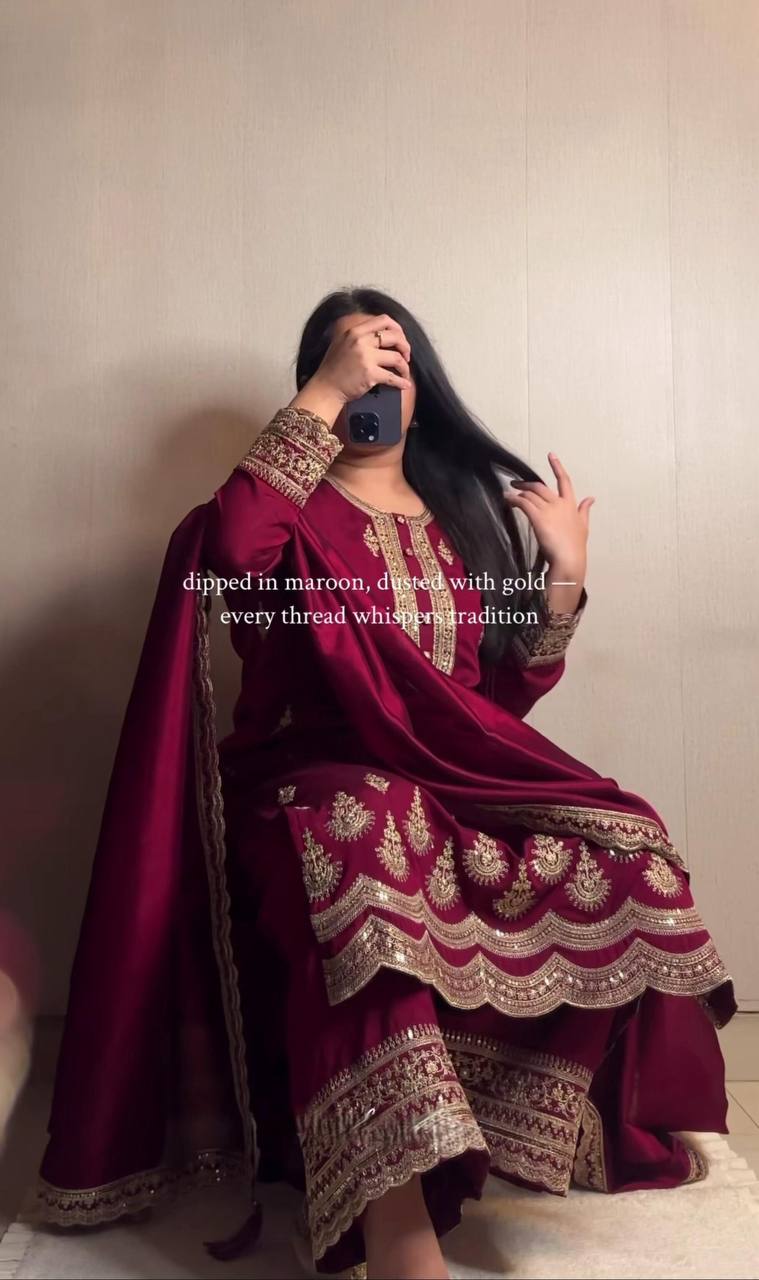 Premium Natural Crepe Silk Top, Pant & Dupatta Set – Heavy Coding Sequins Embroidery