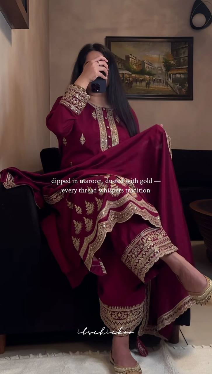 Premium Natural Crepe Silk Top, Pant & Dupatta Set – Heavy Coding Sequins Embroidery