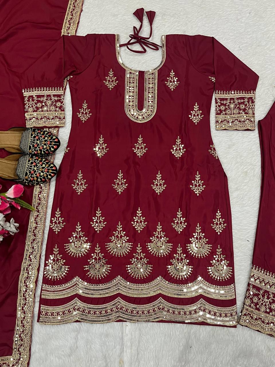 Premium Natural Crepe Silk Top, Pant & Dupatta Set – Heavy Coding Sequins Embroidery