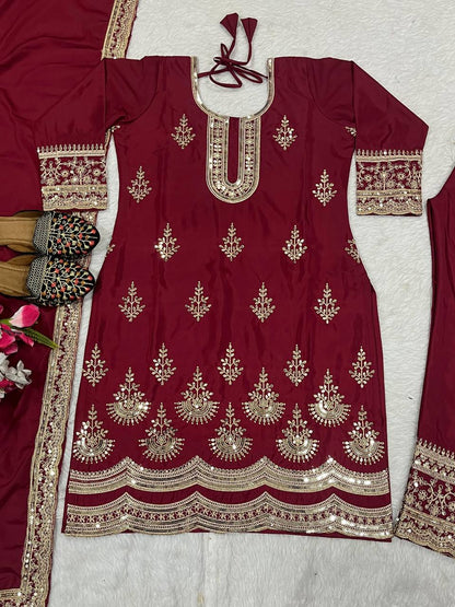 Premium Natural Crepe Silk Top, Pant & Dupatta Set – Heavy Coding Sequins Embroidery