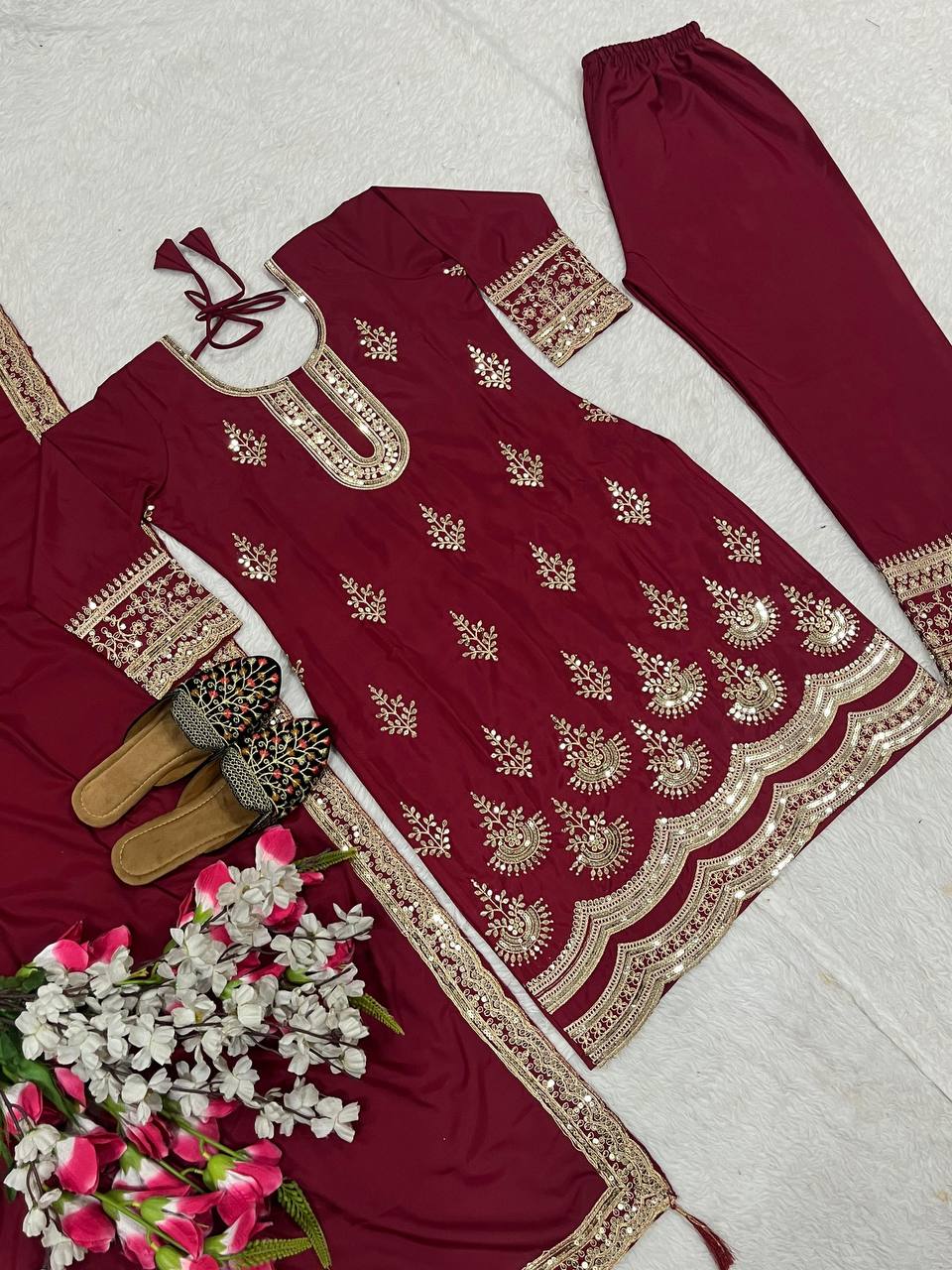 Premium Natural Crepe Silk Top, Pant & Dupatta Set – Heavy Coding Sequins Embroidery