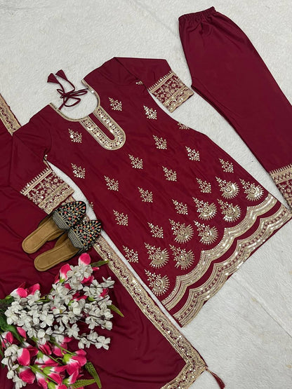 Premium Natural Crepe Silk Top, Pant & Dupatta Set – Heavy Coding Sequins Embroidery