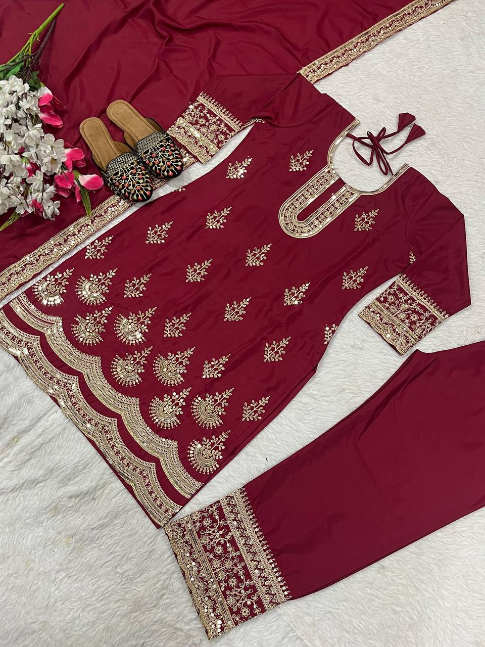Premium Natural Crepe Silk Top, Pant & Dupatta Set – Heavy Coding Sequins Embroidery