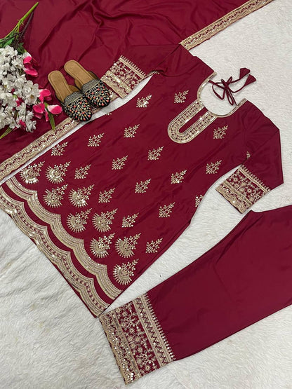Premium Natural Crepe Silk Top, Pant & Dupatta Set – Heavy Coding Sequins Embroidery