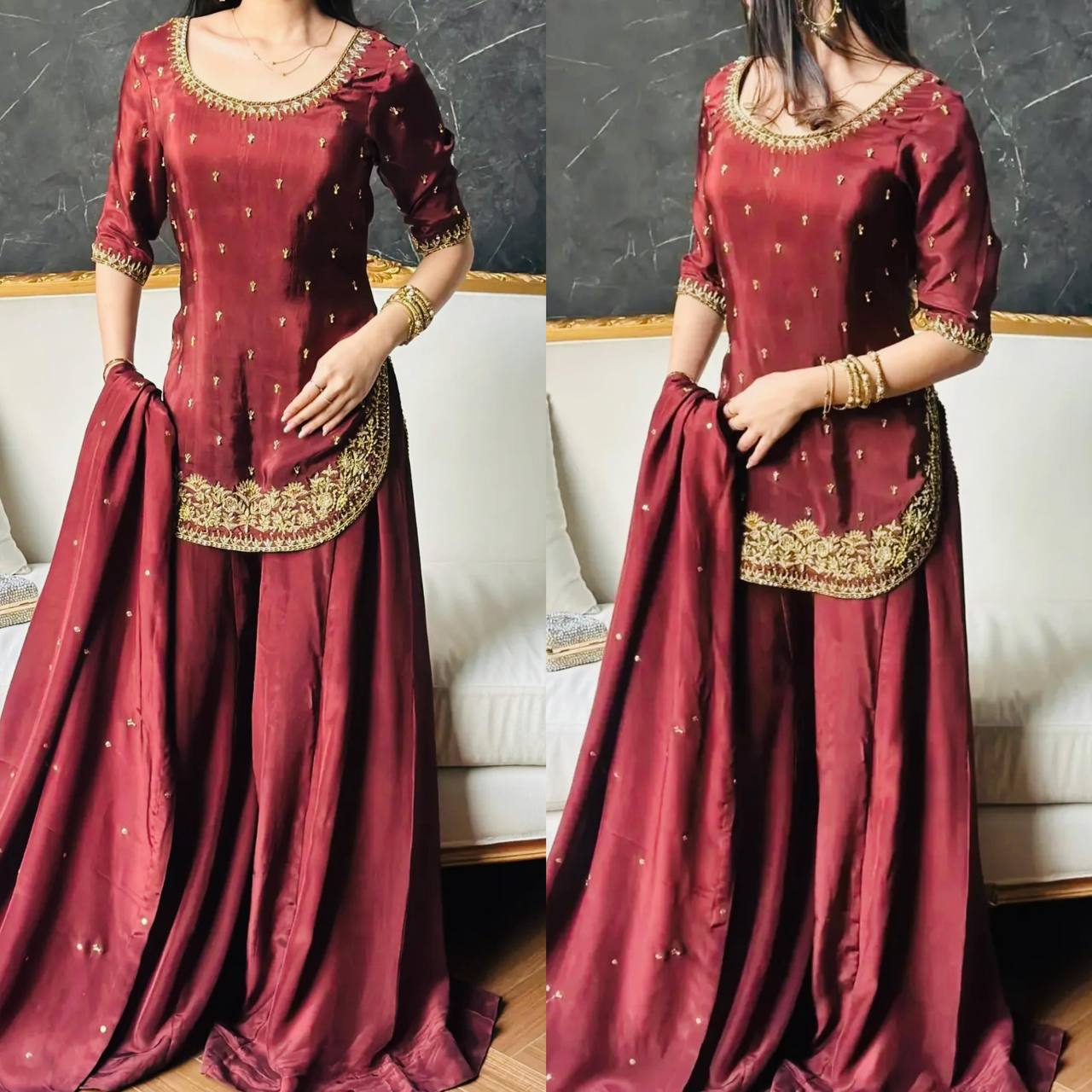 Premium Heavy Natural Crepe Silk Top, Plazzo & Dupatta Set