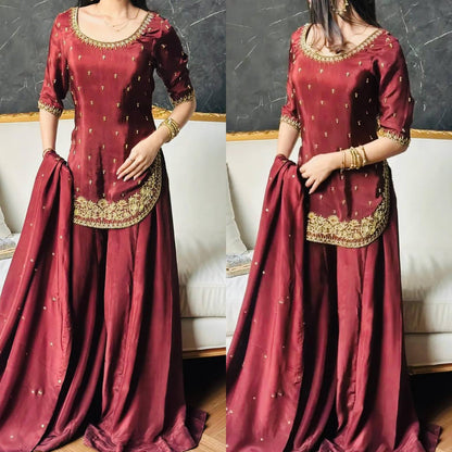 Premium Heavy Natural Crepe Silk Top, Plazzo & Dupatta Set