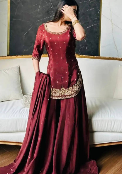 Premium Heavy Natural Crepe Silk Top, Plazzo & Dupatta Set