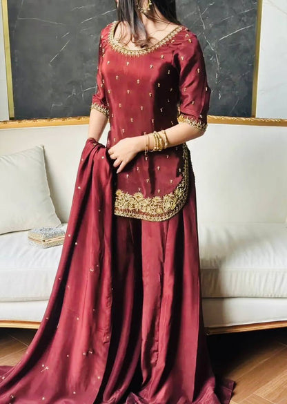 Premium Heavy Natural Crepe Silk Top, Plazzo & Dupatta Set