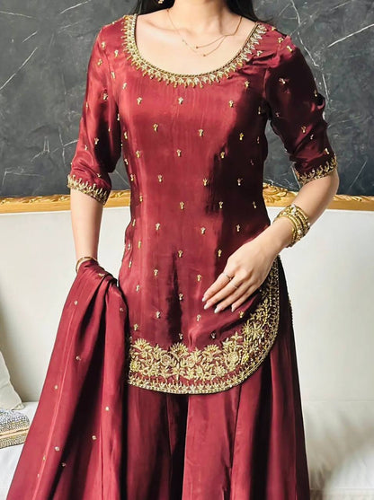 Premium Heavy Natural Crepe Silk Top, Plazzo & Dupatta Set