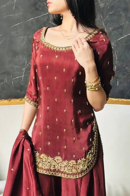 Premium Heavy Natural Crepe Silk Top, Plazzo & Dupatta Set