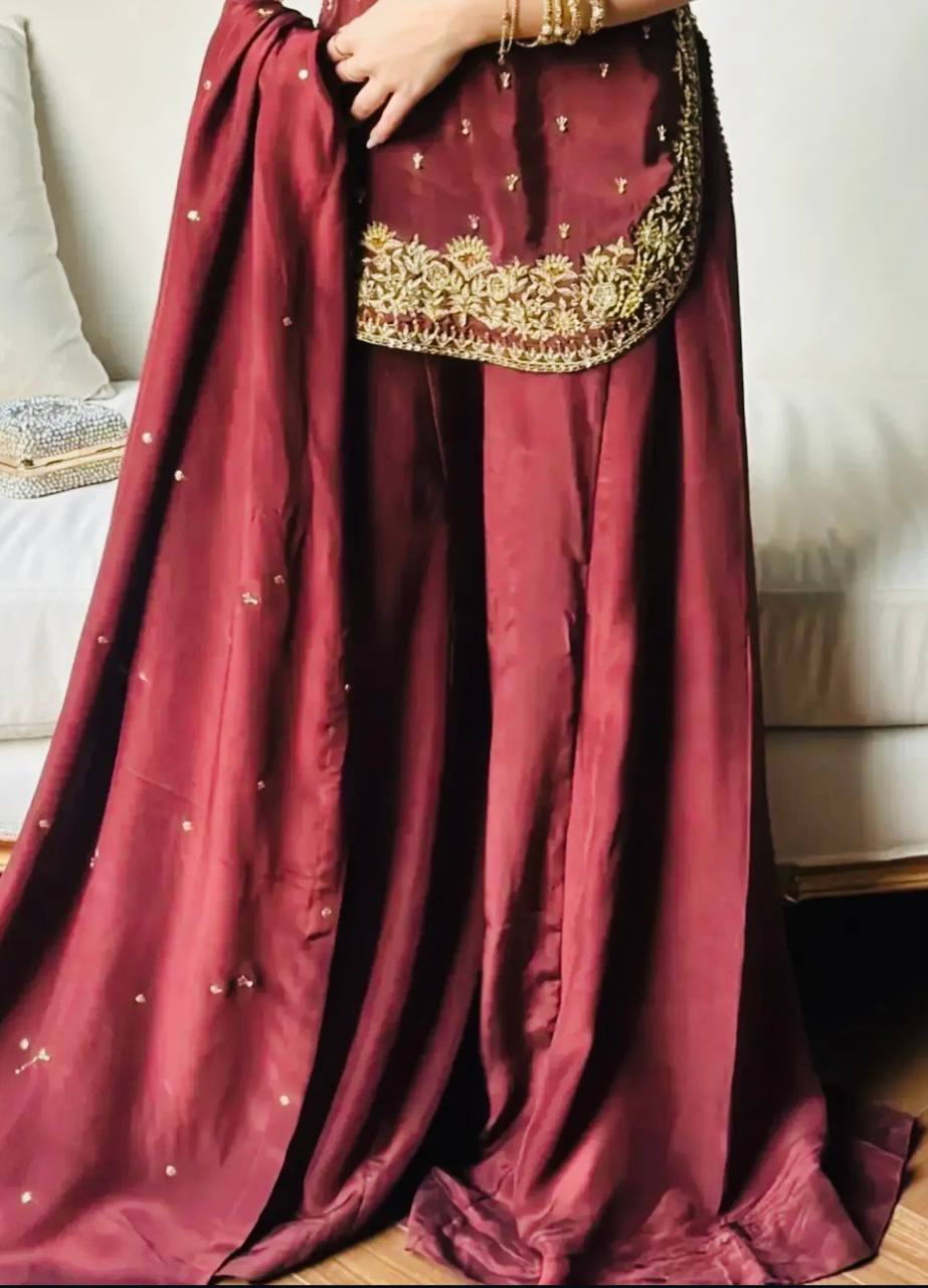 Premium Heavy Natural Crepe Silk Top, Plazzo & Dupatta Set