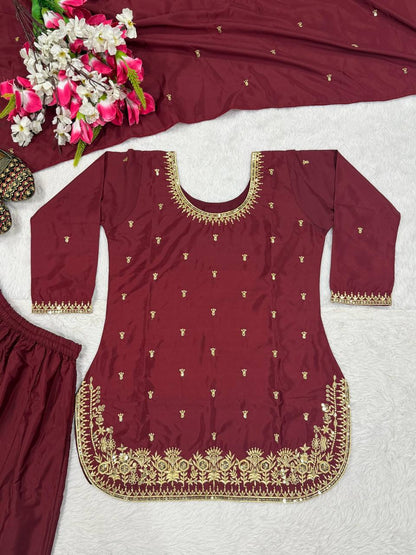 Premium Heavy Natural Crepe Silk Top, Plazzo & Dupatta Set